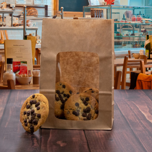 Paper Cookie Bags made from natural brown Kraft with a clear window to